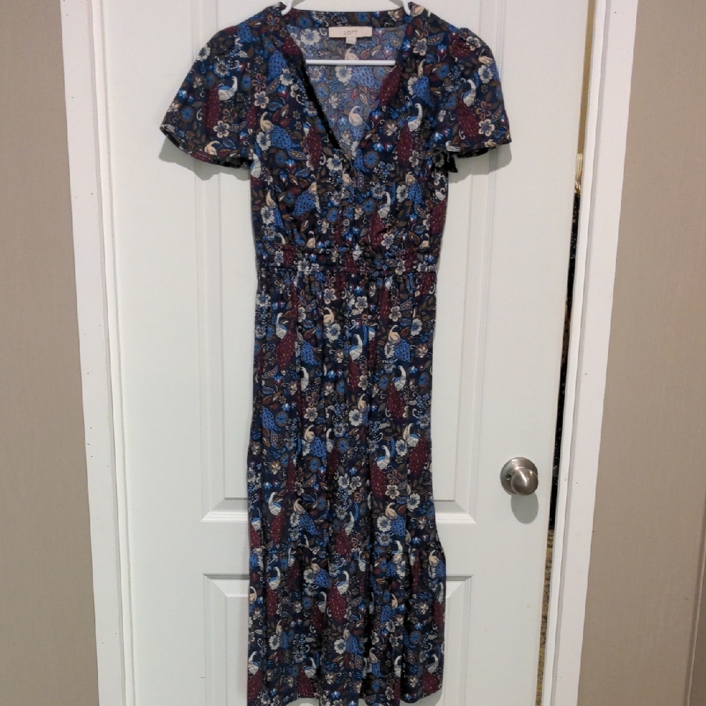 LOFT Blue and Red Floral Midi Dress